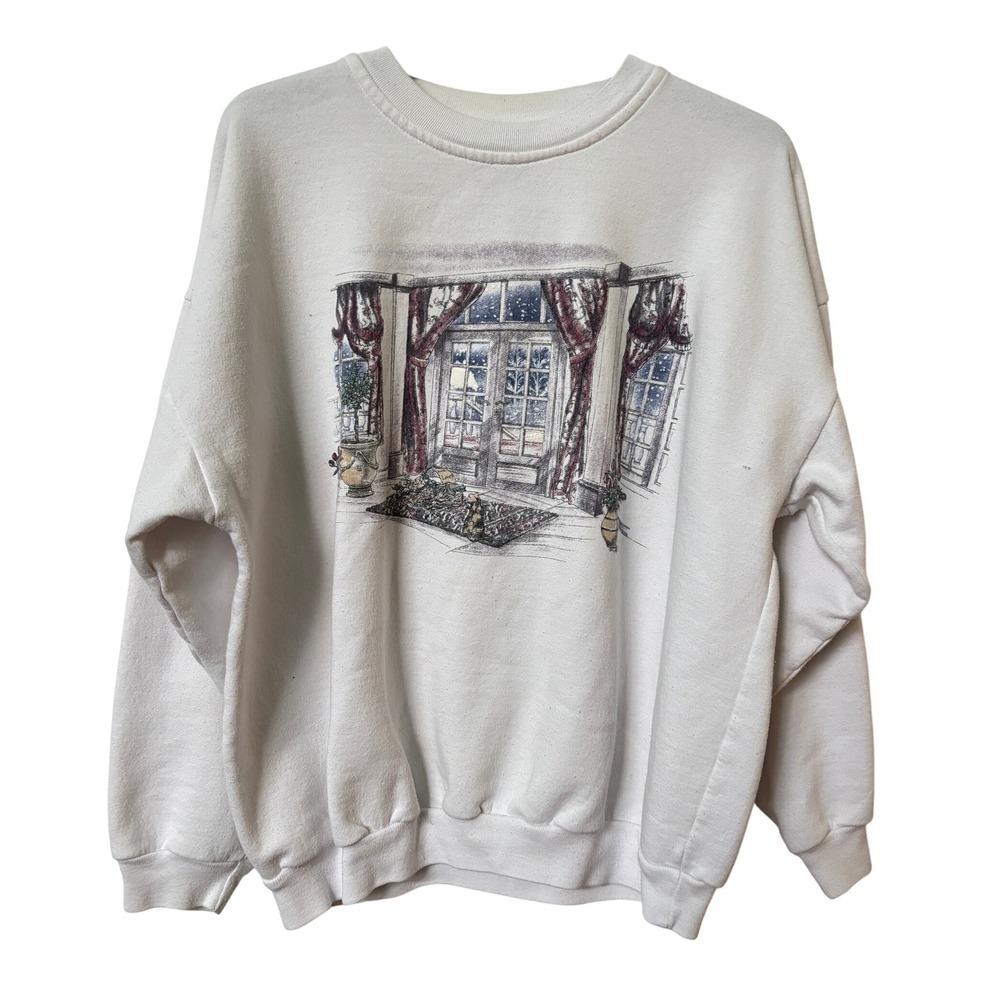Vintage Lady Footlocker Casuals White Winter Scene Graphic Sweatshirt Medium